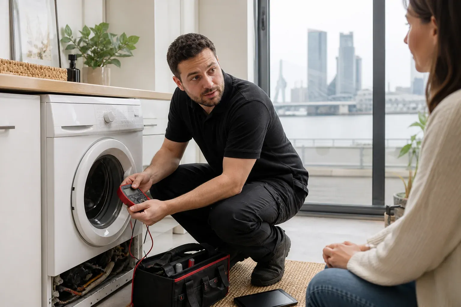 Witgoedmonteur bespreekt na diagnose of reparatie nog verstandig is